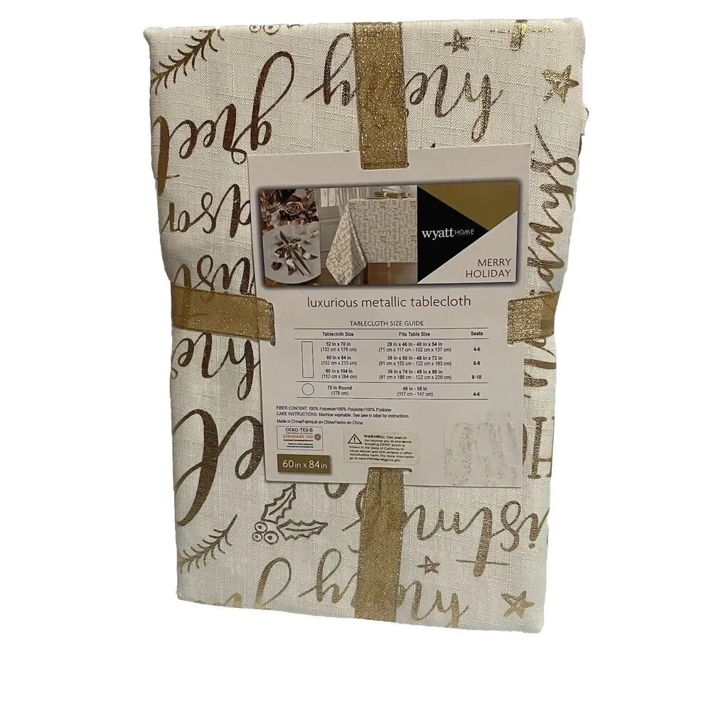 Christmas Tablecloth 60 x 84 White and Gold Metallic Christmas Greetings Print